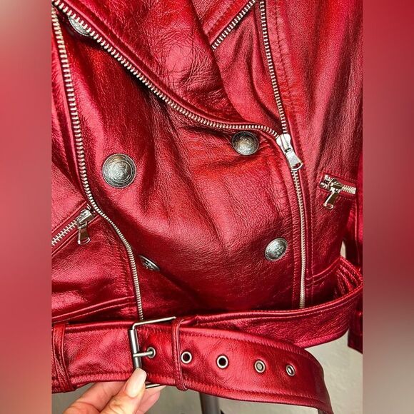 L’AGENCE Billie Lambskin Leather Red Foil Metallic Double Breasted Jacket XS - Picture 2 of 6